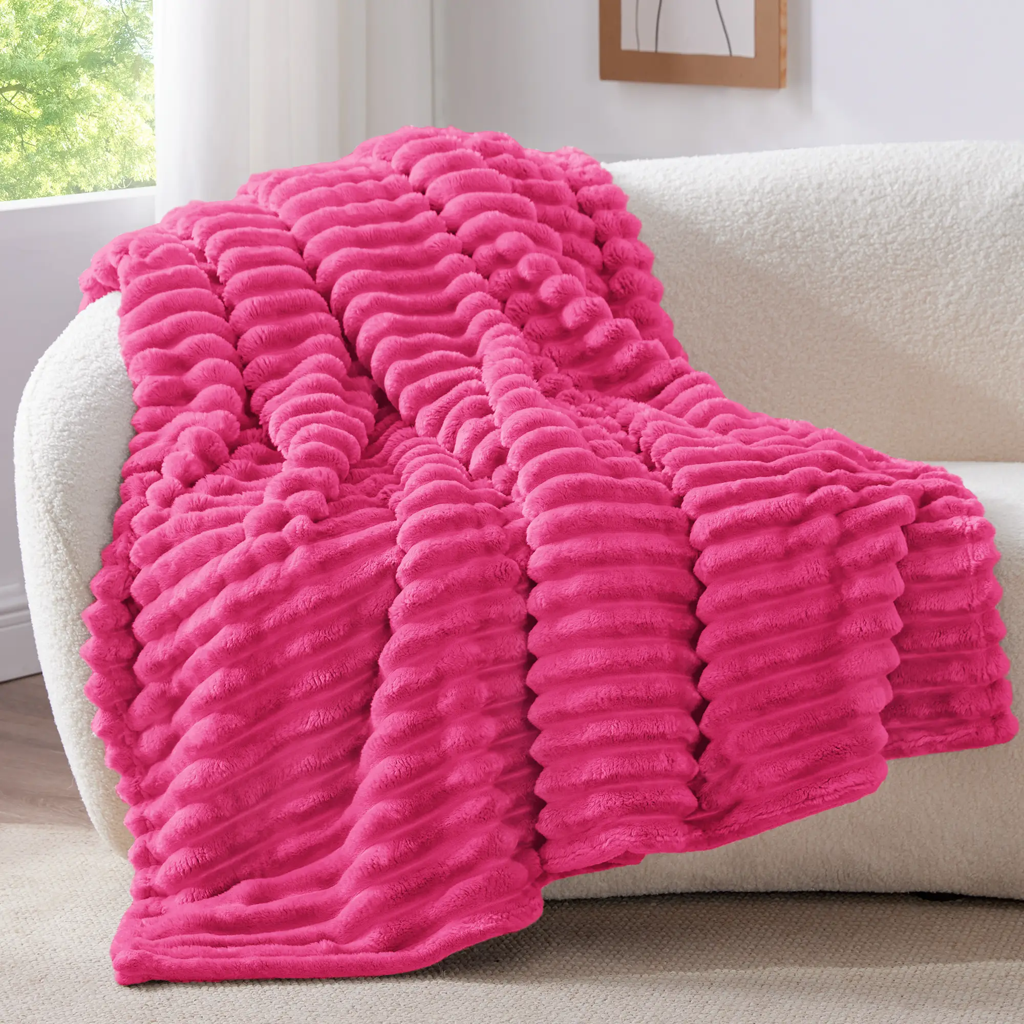 BEDELITE-Striped Throw Light Weight Blanket for Couch, Soft and Cozy Fluffy Blanket, Warm Plush Fuzzy Blanket