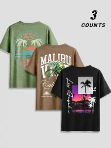 3-Pack Men's Summer Vintage Palm Tree Round Neck T-Shirts, Coconut Tree & California Theme Print, Street Fashion for Beach Holidays