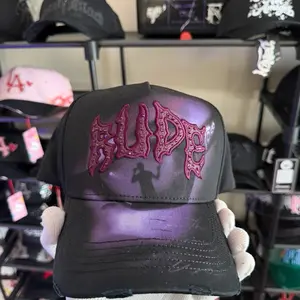 Rude Baseball Cap - Black with Pink Lettering, Adjustable Fit, Ideal for Casual Wear