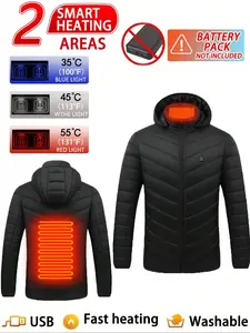 Men's Casual Long Sleeve Detachable Hooded Cotton Jacket, Winter Fitted Warm Heating Coat, Single Control Dual Zone Heated Clothing