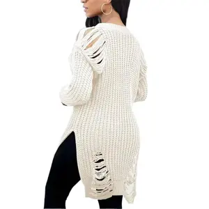 Women's Solid Color Ripped Split Hem Off-Shoulder Sweater Street Fashion Long Sleeve Round Neck Sweater Suitable for Daily Outdoor Wear Women's Autumn Winter Breathable Knitted Sweater