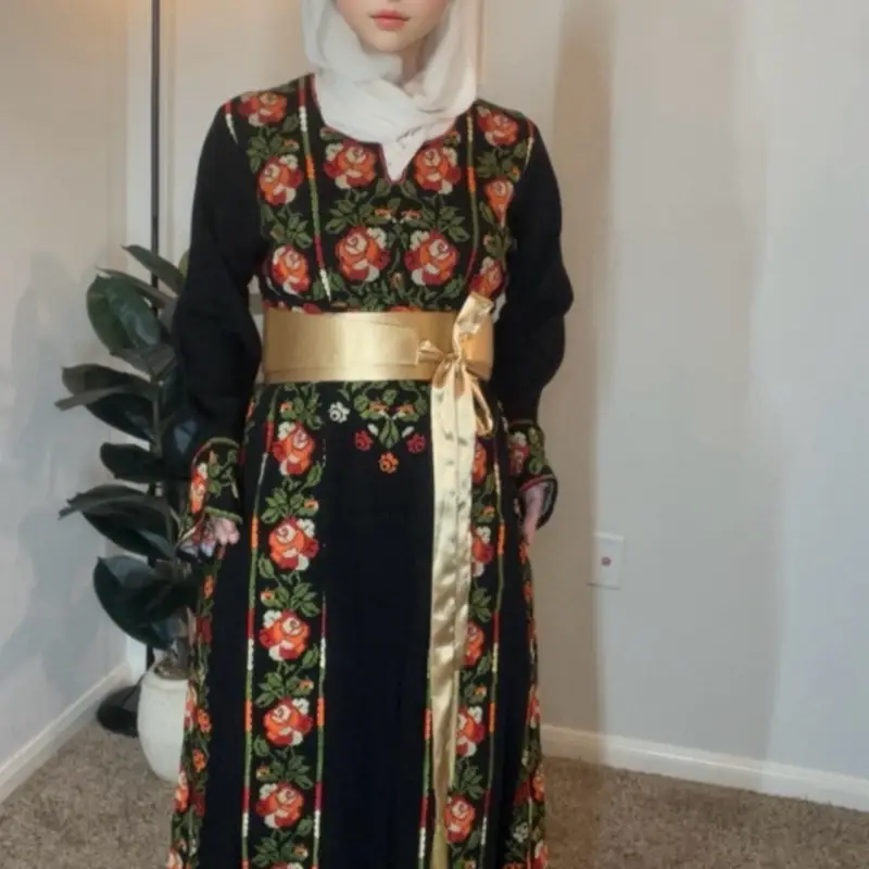 Thobe Embroidered Flower Style with Belt Elegant Modest Black Dress Featuring Colorful Floral Patterns