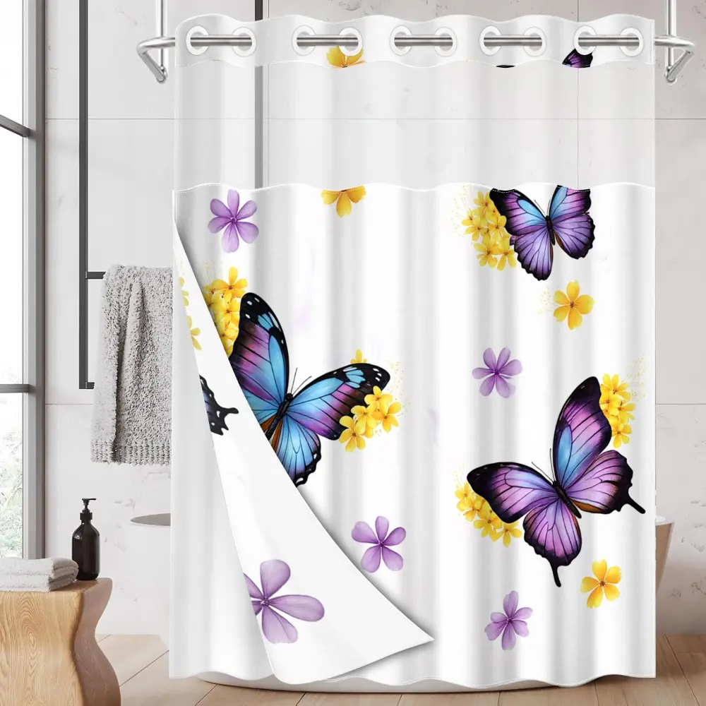 1pc hookless bathroom Pretty shower curtain with buckle lining, spring purple and yellow butterfly and flower design, 2D flat printing, fabric waterproof lining, see-through double-layer shower curtain, 71 x 74 inches, modern home curtain decoration