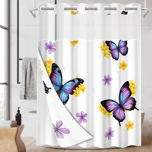1pc hookless shower curtain with buckle lining, spring purple and yellow butterfly and flower design, 2D flat printing, fabric waterproof lining, see-through double-layer shower curtain, 71 x 74 inches, modern home curtain decoration.
