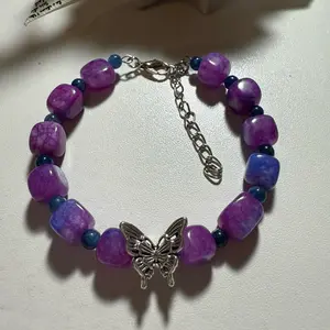 Jasper and Jade Bangle Bracelet with Butterfly Charm - Purple Beads and Silver Chain - Elegant Jewelry for Women