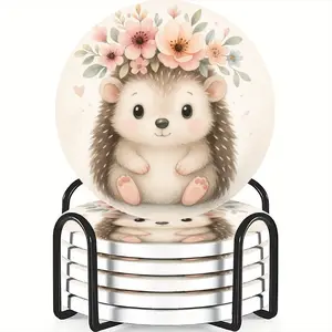 6-Piece Cup Mat Set, Coasters, Flower Hedgehog Design, Ceramic Material Non-Slip Heat Resistant, Ideal for Coffee & Drink Home Decor Gift