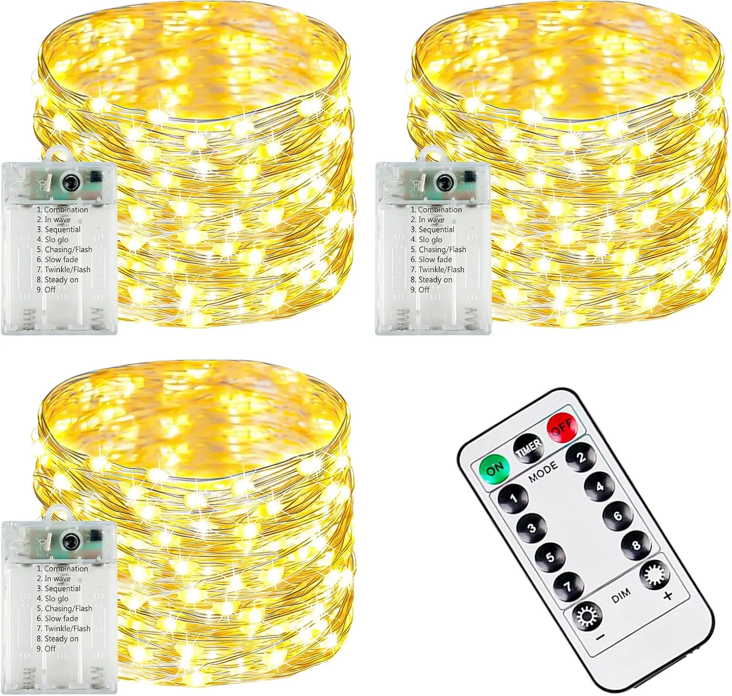 3 PK 78FT 240LED Fairy Lights Battery Operated with Timer Remote Warm White| 8 Modes, Waterproof Wire, Timer & Memory, Twikle String Lights for Indoor Outdoor Classroom Christmas Tree Party Home Decor