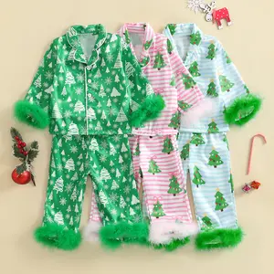 REDWOON Toddler Baby Girl Christmas Fuzzy Pajamas Set Christmas Tree Button Down Shirt and Pants Holiday Pjs for Kids Loungewear Set