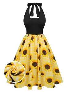 RETRO STAGE Women's 1950s Sleeveless Halter Neck Sunflower Print Plaid Swing Dress - Casual Boho Chic, Throw-and-Go, Transitional Casual Dresses for Women