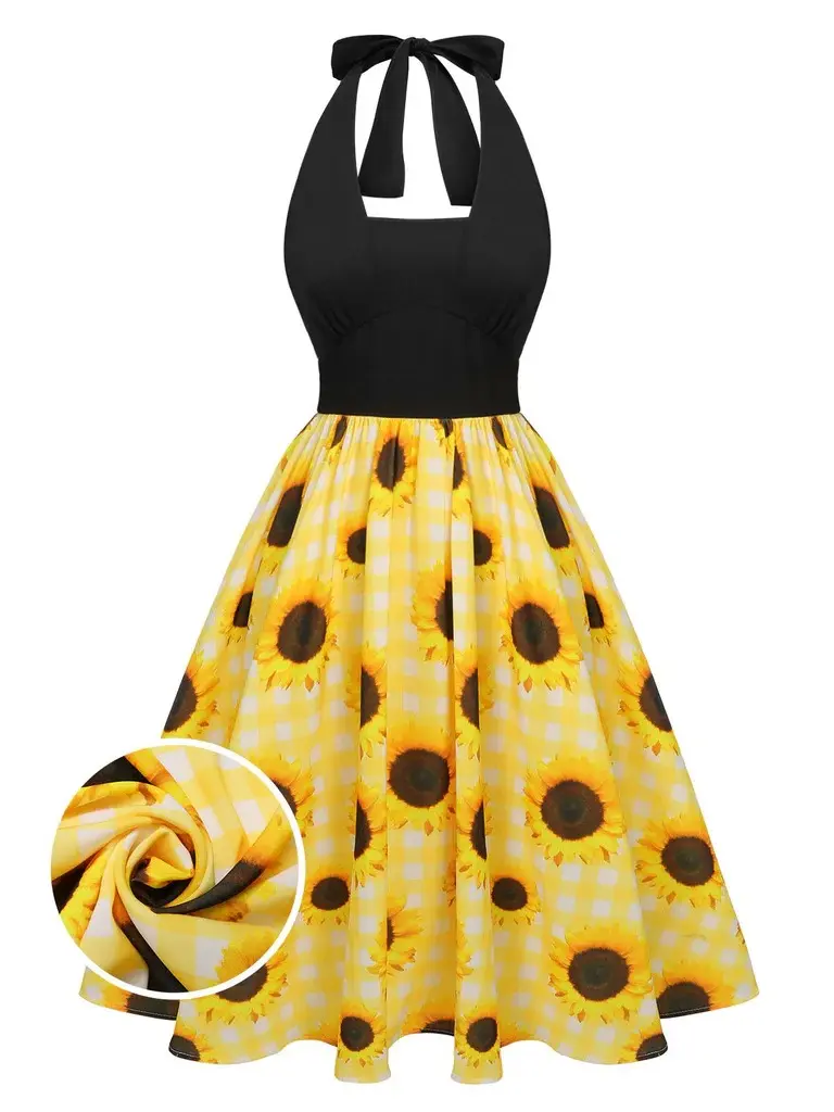 RETRO STAGE Women's 1950s Sleeveless Halter Neck Sunflower Print Plaid Swing Dress - Casual Boho Chic, Throw-and-Go, Transitional Casual Dresses for Womensummer dresses vacation outfits