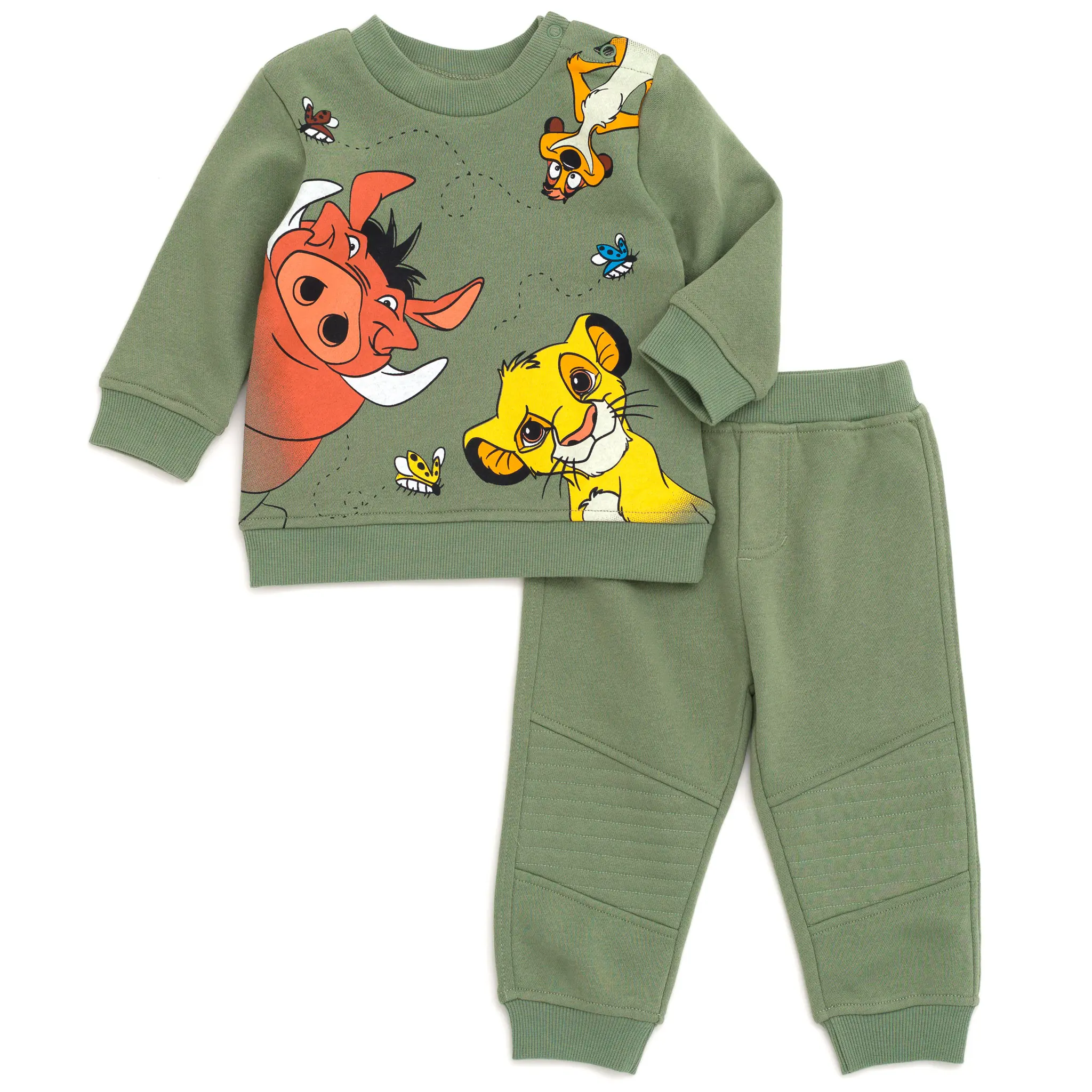 Disney Lion King Toddler Boys' 2-Piece Soft Fleece Jogger Set, Green Animals Pullover Sweatshirt with Shoulder Snaps, Long Sleeve Casual Wear, 3T-4T
