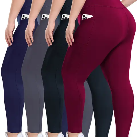 Women's Plus Size High-Rise Yoga Pants 4-Pack - High-Stretch, Breathable, Quick Dry Activewear Finds with Pocket, Everyday Active Women's Clothes, Curvy Gym Workout Apparel (Black, Navy, Burgundy, Grey),outdoorfun