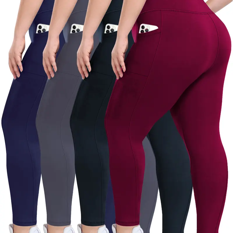 Women's Plus Size High-Rise Yoga Pants 4-Pack - High-Stretch, Breathable, Quick Dry Activewear Finds with Pocket, Everyday Active Women's Clothes, Curvy Gym Workout Apparel (Black, Navy, Burgundy, Grey),outdoorfun