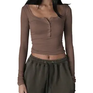 Women Knitted Henley Shirt Casual Solid Color Retro 1/2 Button Long Sleeve Crop Tops Streetwear Clubwear