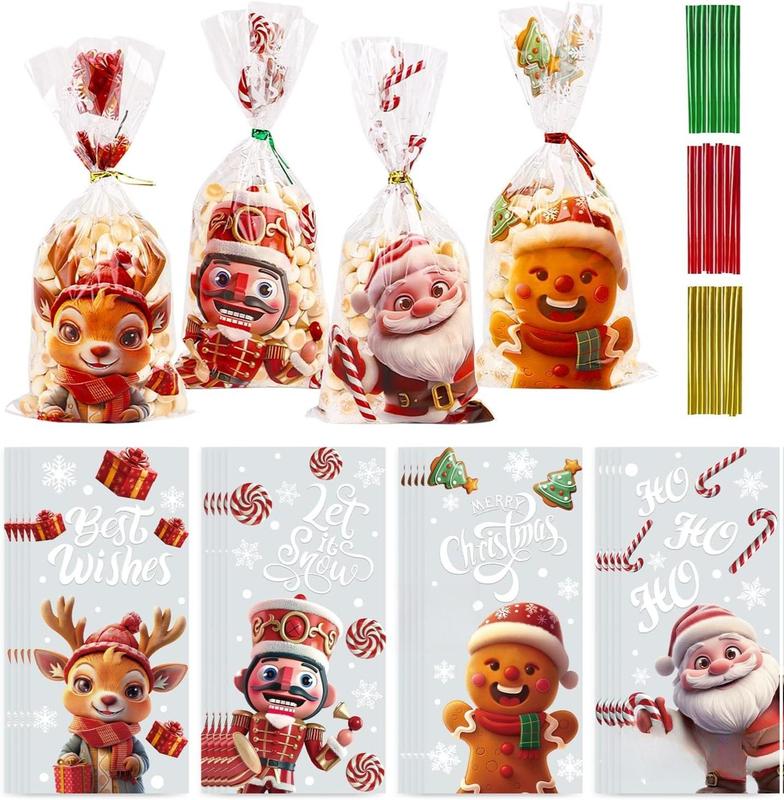 120 Pcs Christmas Cellophane Bags Xmas Candy Bags Clear OPP Material with 150 Twist Ties for Party Supplies 27 x 12.5 cm Festive Design