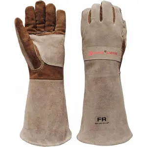 Cowhide BBQ Welding Gloves, Long Sleeve Fireproof and Heat Resistant Mitts for Barbecue, Firefighting, Fireplace, Oven