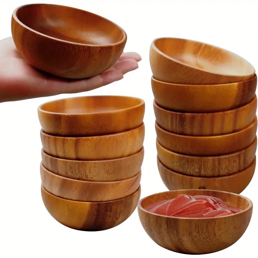 12 Pcs Acacia Wooden Bowls, Hand Carved Small Calabash Bowls, Round Wood Salad Dip Tray for Serving Popcorn, Pasta, Candy, Cereal, Coconut, Nuts, Sauce, Appetizers in Kitchen (4 Inch)