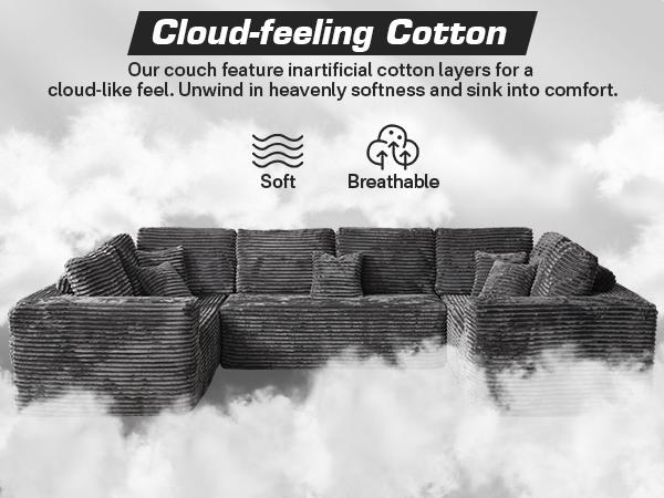 【3 Packages Shipping】Ovios 110" Sectional Cloud Couch for Living Room, Modular Floor Sofa with Plush Corduroy, No Assembly Required, Big Comfy Couches Set with Fluffy Memory Foam, Stupendous U Shaped Sofas with Chaise