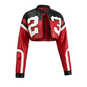 Women's Red Black Color Block Cropped Varsity Jacket Faux Leather Y2K Streetwear Number Print