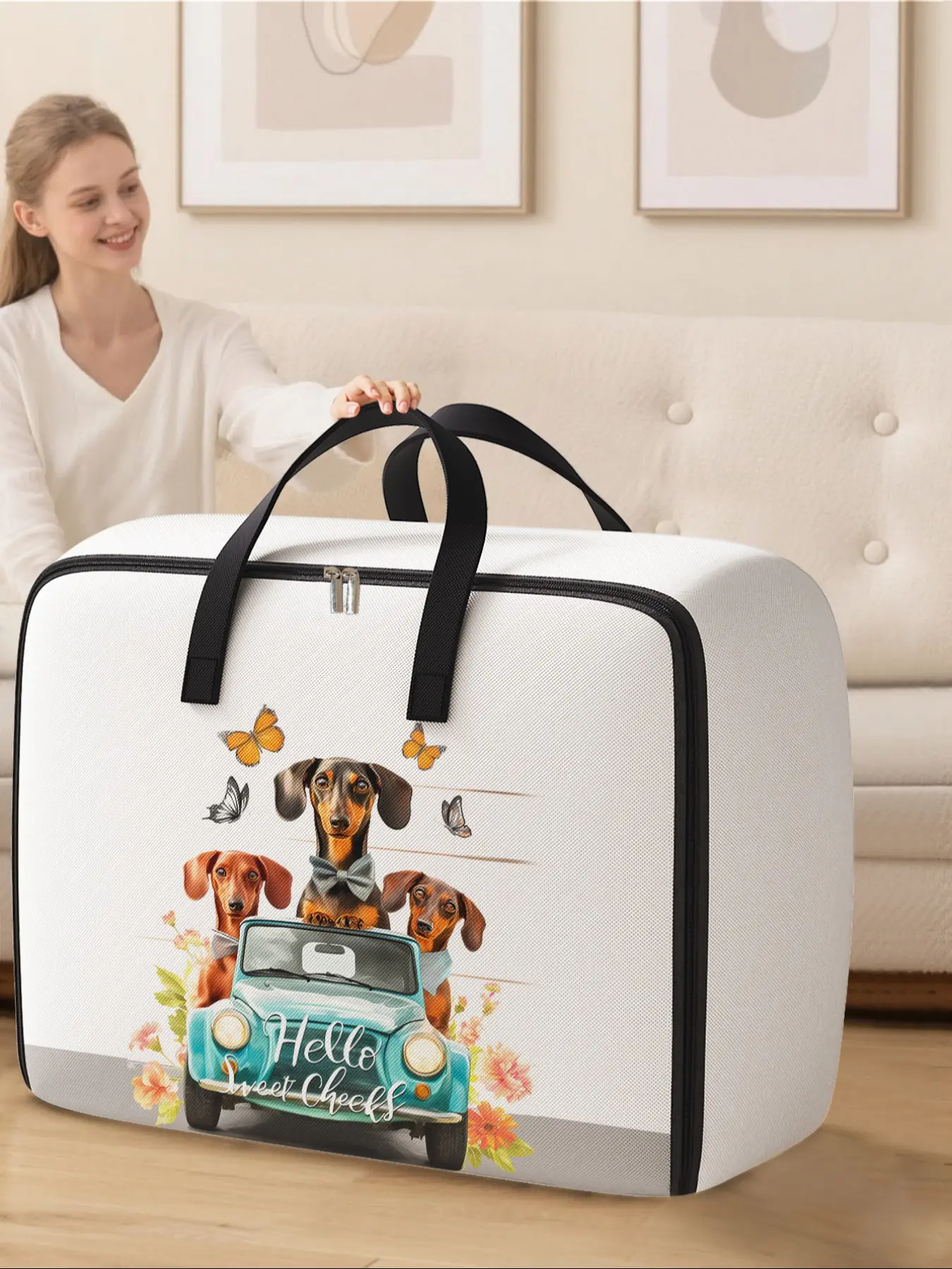 Dog Pattern Storage Box, Space-Saving Large Handheld Organizer, Portable Storage Box, Ideal for Moving, Travel, Camping, Dormitory, Bedroom, Blankets