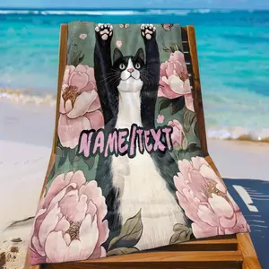 Personalized Custom Name/Text - Black & White Cat with Raised Paws, Floral Pink peonies - Ultra-Absorbent Microfiber Beach Towel - Large Quick-Dry Towel for Pool, Travel, Camping - Birthday/Housewarming Gift for Cat Lovers - Machine Washable