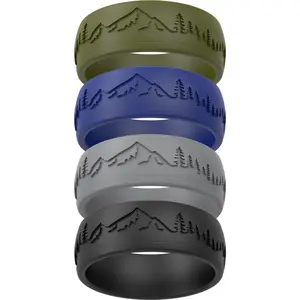 ThunderFit Silicone Wedding Rings for Men, Carved Design, Rubber Engagement Bands 9mm Wide 2mm Thick