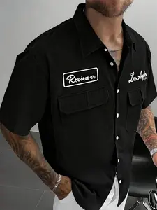Men's Workwear Shirt, Cool Urban Casual Short Sleeve Button-Up, Cotton Multi-Pocket Loose Fit, Modern City Style, Daily Wear