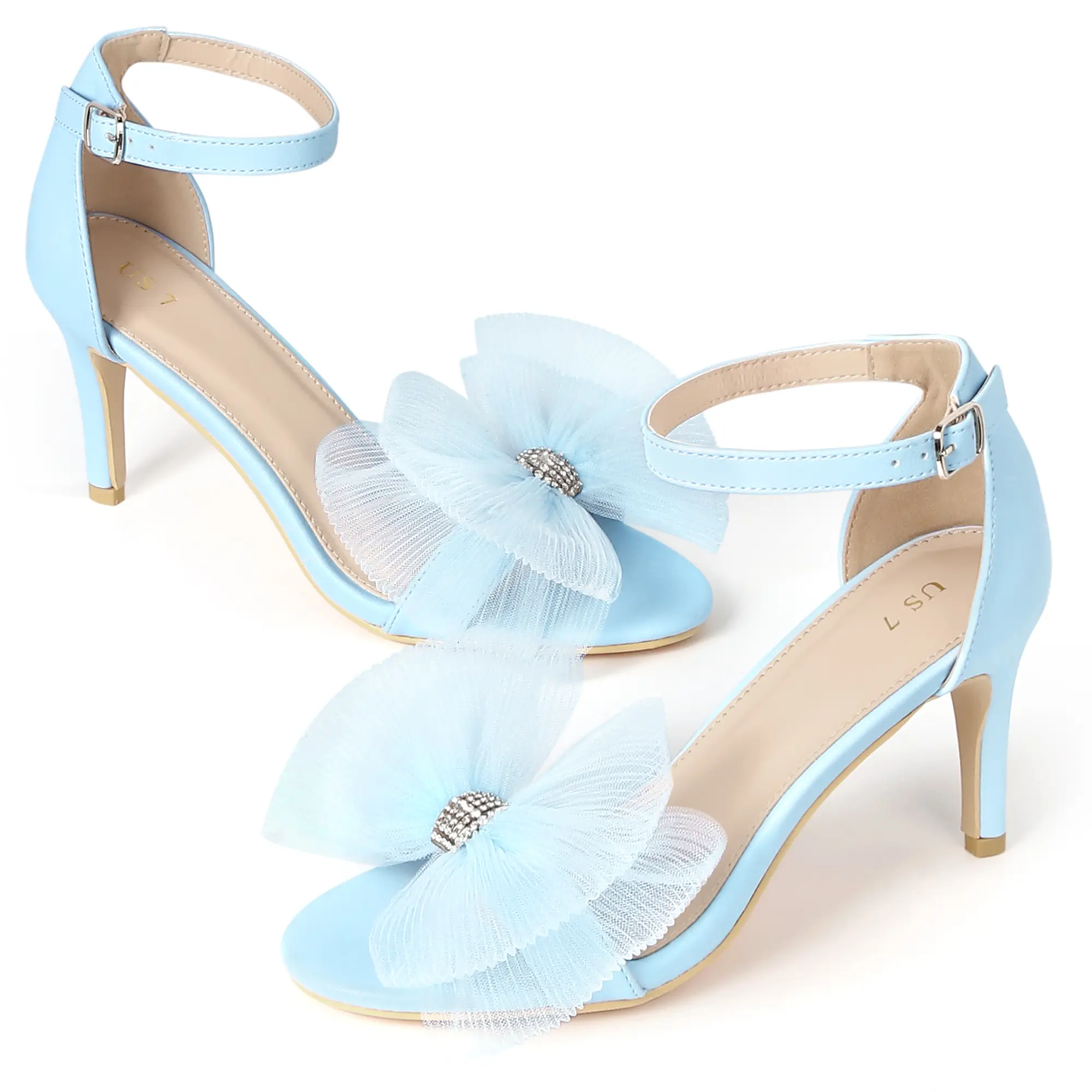 BLISSFUL STEP Rhinestone Ankle Strap Mesh Stiletto Heel Bow Heels Sandals for Women