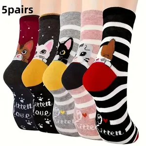 Cute Cartoon Cat & Dog Pattern, 5 Pairs Breathable Comfortable for Women, Multifunctional Socks for Daily Wear, Sock Set, Breathable Comfy Socks, Casual Comfy Socks