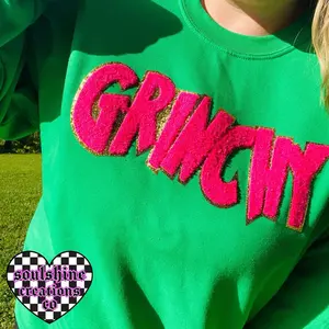 Grinchy Chenille Patch Christmas Sweater, Unisex Sweatshirt, christmas sweatshirt, PINK Patch Printed Womenswear