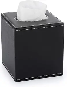 Square Leather Tissue Box Cover - Stylish Cube Tissue Box Holder with  Bottom, Decorative PU Tissue Box for Vanity Dresser Night Stand Table Countertop Home Office Car, Black