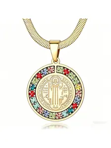 Stainless Steel Saint Benedict Medal Pendant Necklace for Men and Women Hip Hop Style Round Coin Necklace with Colorful Cubic Zirconia Accents Fashionable Religious Jewelry Gift