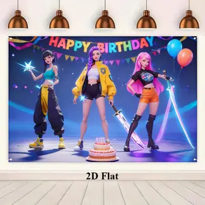 1pc 2D Flat Birthday Background Cloth, Kpop Girl Group Theme, Music Anime Party Photo Prop, Creative Anime Characters, Kpop Fan Gift