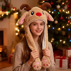 Christmas Animal Hat with Moving Ears Plush Elk Design for Cosplay Halloween Birthday Party Festive Accessory
