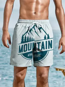 Men's Beach Shorts - Flat Digital Print Pattern - No Texture - Mountaineering Adventure Logo, Summer Beach Swimming Shorts with Elastic Waistband and Drawstring, Loose Fit, Lightweight, Perfect Gift for Easter, St. Patrick's Day, Father's Day, Ideal for S