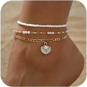 Women's Beaded Anklet Set, Adjustable Gold Bohemian Shell Anklet, Hawaiian Beach Shell Disc Starfish Conch Foot Jewelry, Summer Fashion Gift