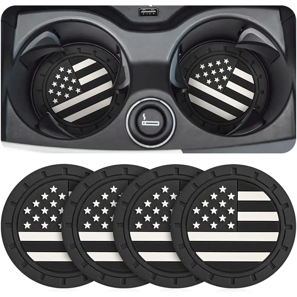 4-Pack Eco PVC Anti-Slip Anti-Scratch US Flag Pattern Car Cup Coasters (2.75" dia.), Universal Fit Automotive Decorative Accessories for Cup Holders, Easy-Install Trim to Block Dust, Food Crumbs, Drink Stains