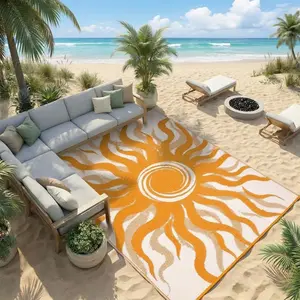 Bohemian Sun Pattern Outdoor Rug Double-Sided Reversible Plastic Straw Woven Washable Waterproof Foldable for Beaches RVs Balconies Patios Picnics absorbent rug