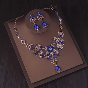 Luxury Royal Blue and Gold Floral Bridal Jewelry Suit-Alloy Necklace and Earrings with Rhinestones, Perfect for Weddings and Parties, Wedding Accessories | Elegant Accessories Suit | Rhinestone Ornament, Wedding Gifts