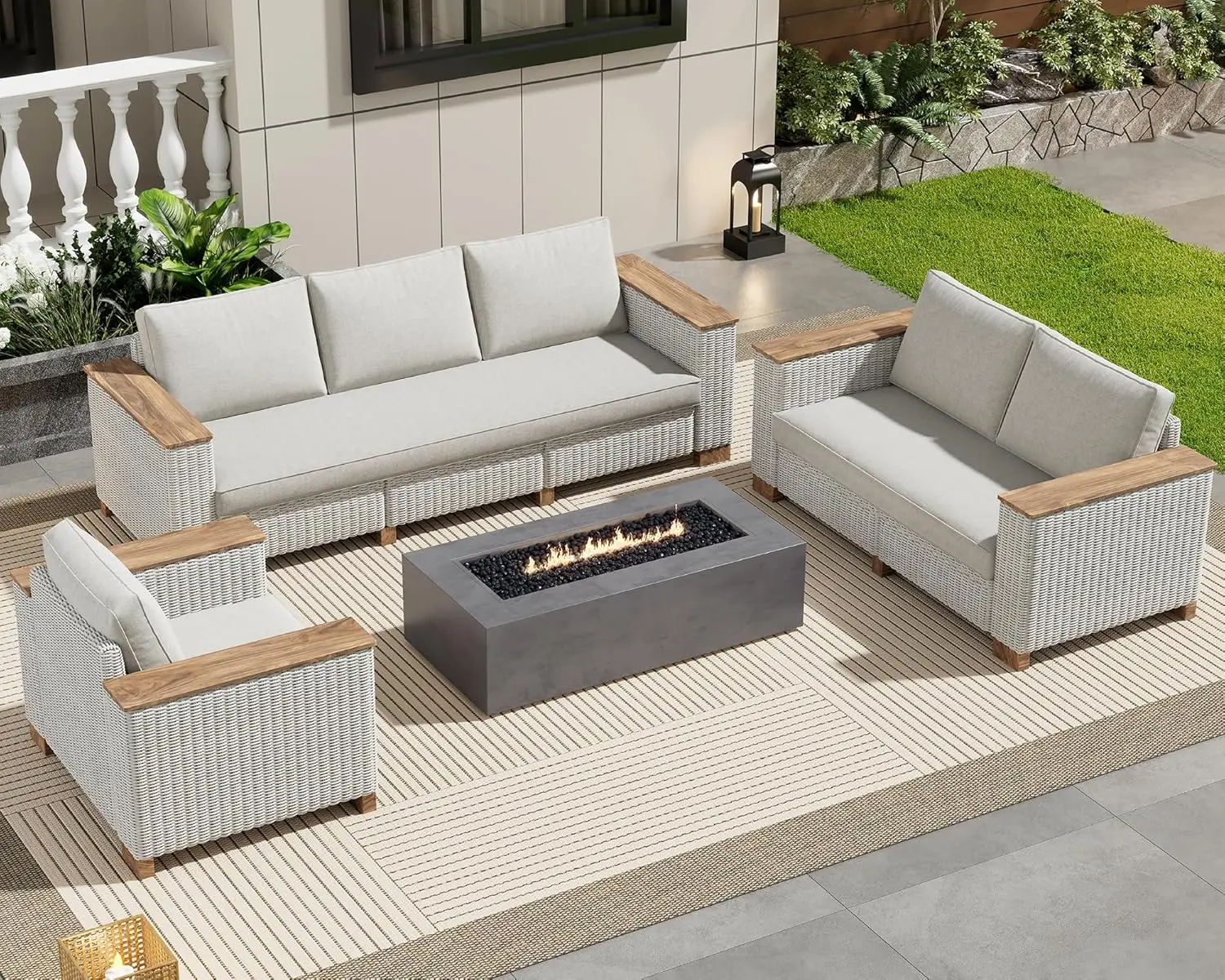 【Ships in Multiple Boxes】AMERLIFE Outdoor Patio Furniture Set, Rattan Wicker Sofa Couches Set, Outdoor Sectional Furniture Set with Washable Cushions for Lawn Backyard Garden