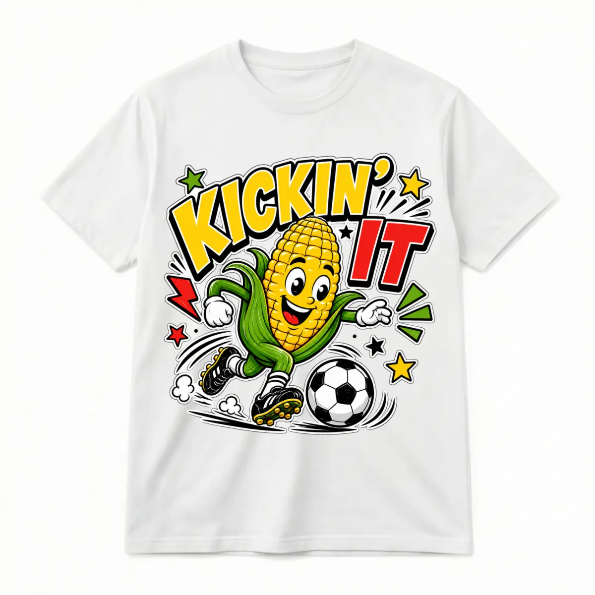 Kickin’ It Soccer Corn Cotton Graphic Print Tee, Unisex Funny Meme T-Shirt for Game Day, Sports Parties, Festivals and Casual Streetwear