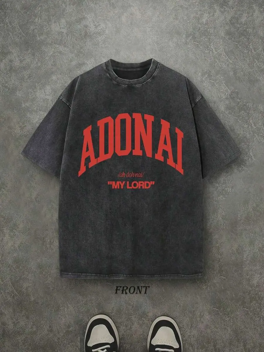 Retro Washed T-Shirt Single-Sided Printed (230 Pure Cotton T-Shirt) 'ADONAI MY LORD' Letter And Pattern Print, Mens TShirt, Mens Shirt Casual, Comfortable, Fashionable T-Shirt, Street Style Cotton