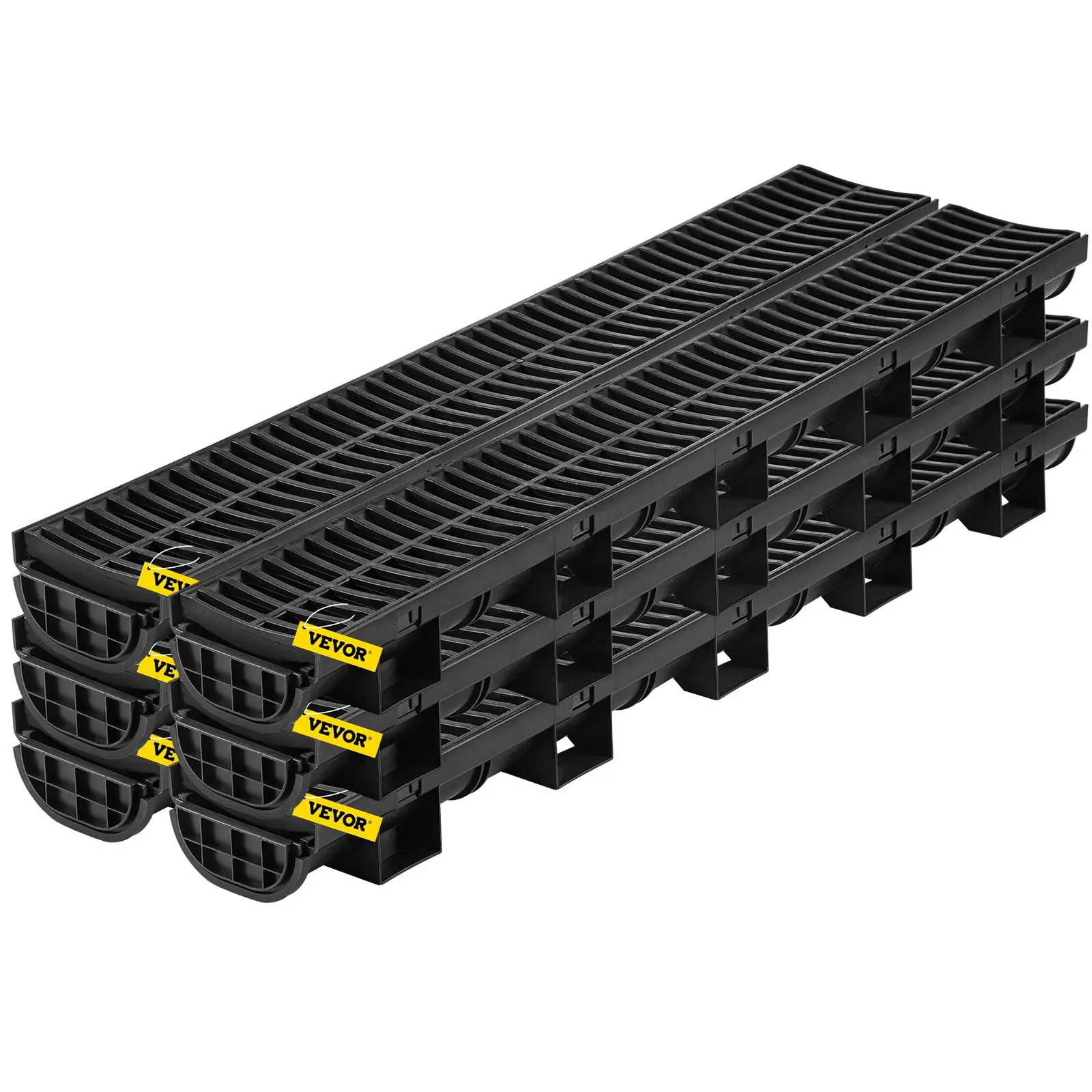 【Summerfinds】VEVOR Trench Drain System, Channel Drain with Plastic Grate, 5.8x3.1-Inch HDPE Drainage Trench, Black Plastic Garage Floor Drain, 6x39 Trench Drain Grate, with 6 End Caps, for Garden, Driveway-6 Pack