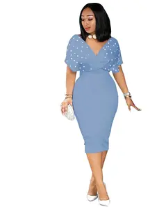 Women’s V Neck Elegant Casual Short Sleeve Beaded Dress Summer Women’s Clothing Comfort All Occasions