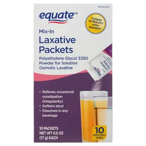 Equate Mix-in Laxative Packets for Constipation Relief, Polyethylene Glycol 3350, 10 Count, Healthcare Supplement Natural Powder