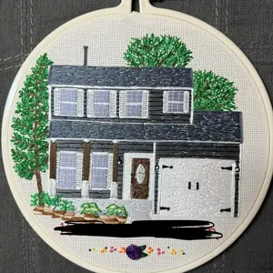Custom Embroidered House - Handcrafted Artwork Featuring Detailed Embroidery of a House with Trees and Garden Elements