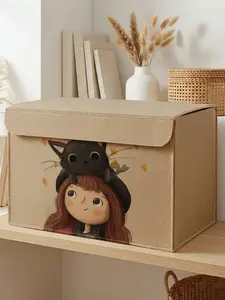 1pc Storage Box with Long Hair Character and Cat 2D Print, Felt Texture with Lid, Ideal for Clothes, Snacks, Files, Unique Furniture Style