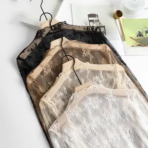 3pcs/Set coffee+caramel+apricot New Lace Blouse Basic Shirt Women's Popular Skinny Long Sleeve Mesh Top Shirt Womenswear