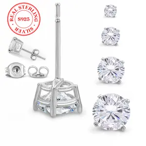 KEZEF S925 Round Sterling Silver Cubic Zirconia Stud Unisex Earrings for Men Women Gift | 3-9mm Brilliant Cut Basket | CZ Stone Fashion Jewelry
