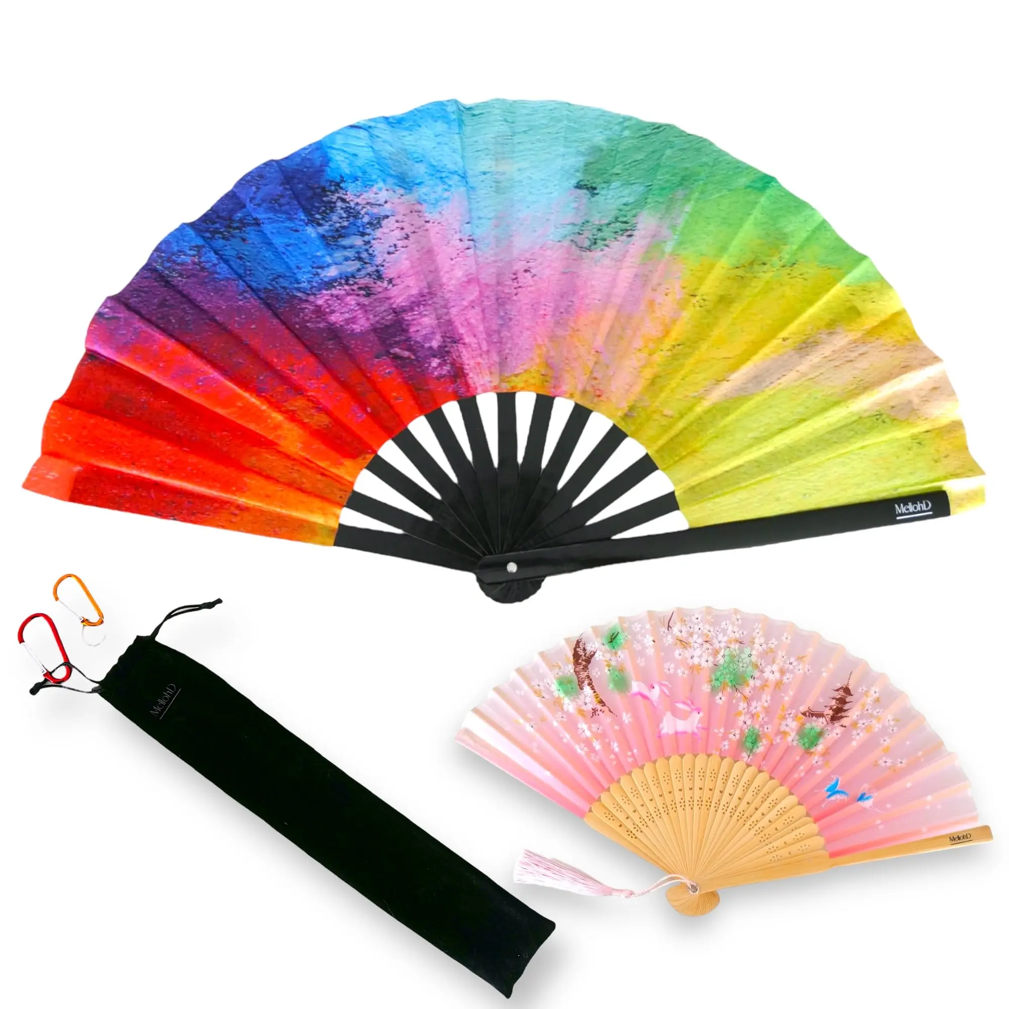 MellohD Rave Fan - 2 pack handheld folding fans - Rave Accessories - Rave Outfit - Foldable Fans for Festivals Bamboo Decor Gift